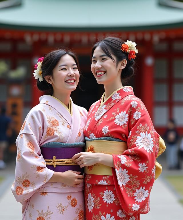 江島神社で着物姿のカップルが微笑む写真